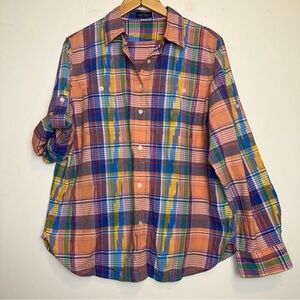 Vintage Ralph Lauren Womens XL Roll Tab Sleeve Multicolor Plaid Button Up Shirt